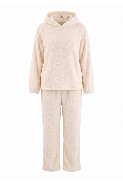 Trendyol Curve Beige Hooded and Embroidered Wellsoft Winter Knitted Pajamas S...
