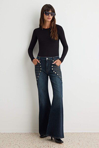 Trendyol Collection Dark Blue Accessory Detailed Regular Waist Flare Jeans Tw...