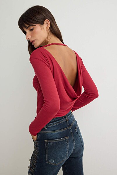 Trendyol Collection Red Plain Fitted Boat Neck Backless Long Sleeve Snap Fast...