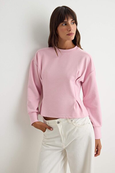 Trendyol Collection Light Pink Premium Pleated Peplum Crew Neck Low Sleeve In...