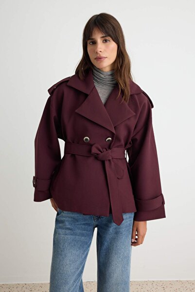 Trendyol Collection Burgundy Oversize Belted Trench Coat Twoaw27Tr00030