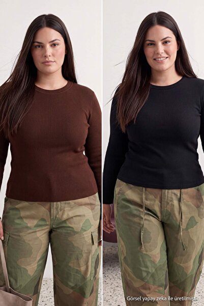 Trendyol Curve Black-Brown 2 Pack Crop Camisole Knitted Plus Size Blouse Tbba...