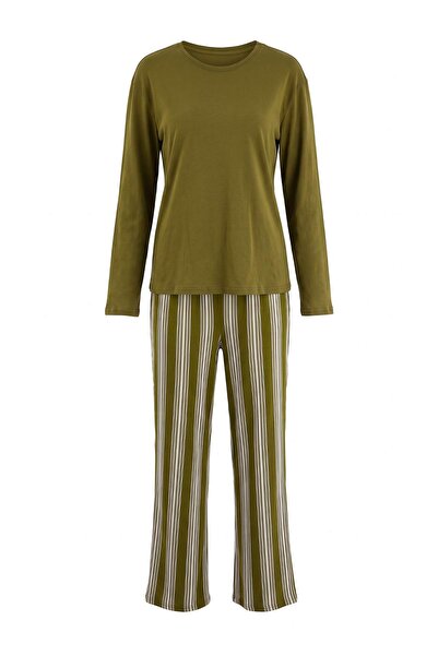 Trendyol Collection Khaki 100% Cotton Striped Not Available 30/1 Combed Singl...