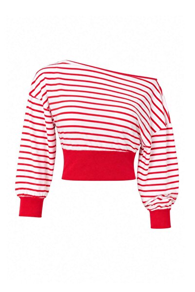 Trendyol Collection Red Striped Thin Asymmetric Collar Waist-Fitted Low Sleev...