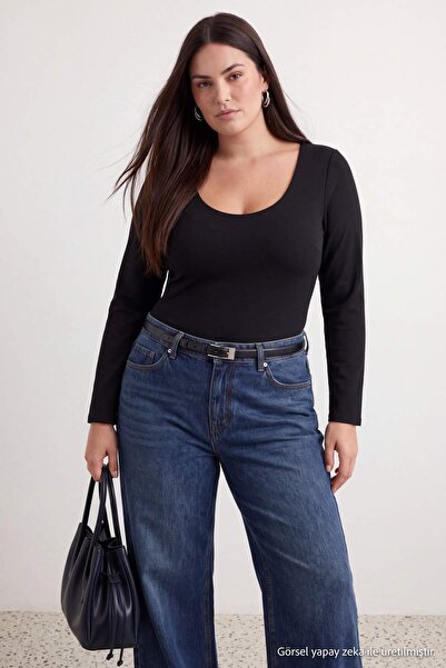 Trendyol Curve Black Snap Fastener Pool Collar Long Sleeve Soft Fabric Flexib...