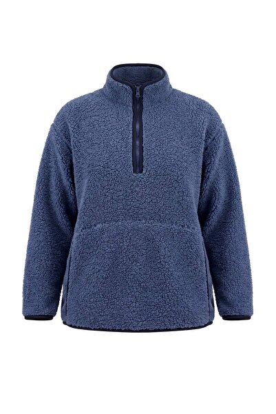 Trendyol Curve Indigo Zippered & Pocketed Plush Knitted Sweatshirt Tbbaw27Ao0...