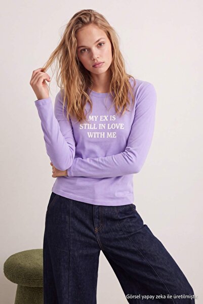 Trendyol Collection Lila Slogan Printed Long Sleeve Fitted Stretch Knitted T-...