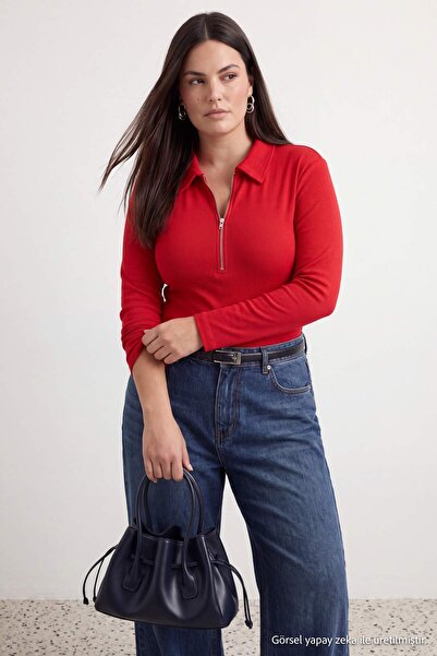 Trendyol Curve Red Polo Collar Zipper Knitted Large Size Body Tbbaw27Cs00025