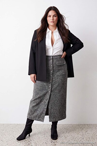 Trendyol Curve Gray Pocket Detailed Buttoned Winter Cashmere Fabric Midi Wove...