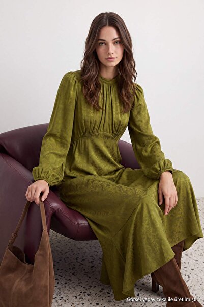 Trendyol Modest Khaki Unlined Floral Woven Dress & Jumpsuit Hijab Dress Tctss...