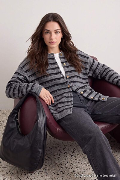 Trendyol Modest Anthracite Striped Oversize Hijab Knitwear Cardigantctaw27Th0...