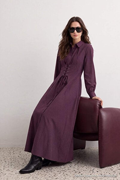 Trendyol Modest فستان ماكسي منسوج بتفاصيل دانتيل وياقة قميص منقوشة/مربعات بال...