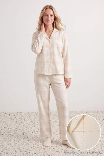 Trendyol Collection White Plaid / Checkered Glitter Detailed Flannel Woven Pa...