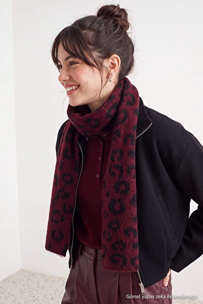 Trendyol Collection Burgundy Soft-Textured Leopard-Print Knit Scarf TWOAW26AT...