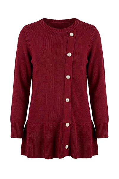 Trendyol Modest Burgundy Asymmetric Buttoned Peplum Detailed Knitwear Hijab S...