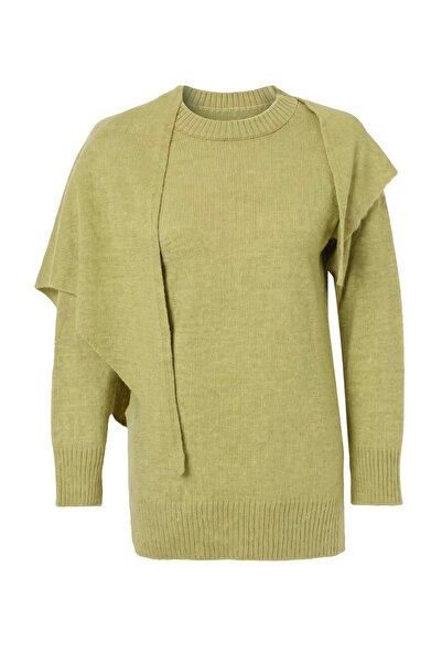 Trendyol Modest Oil Green High Collar Plain Shawl Knitwear Hijab Sweater Tcta...