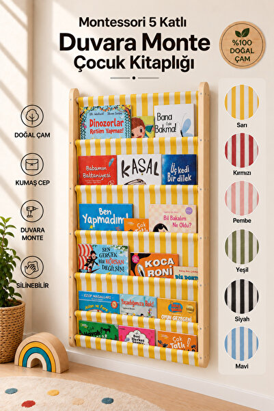 EverAlpina Montessori Duvara Monte Ahşap Çocuk Kitaplığı Kumaş Cepli Kitap Dü...