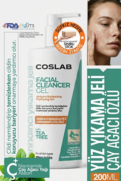 COSLAB Çay Ağacı Yağı Yüz Yıkama Jeli 200ml - Sebum Dengeleyici Centella & Al...