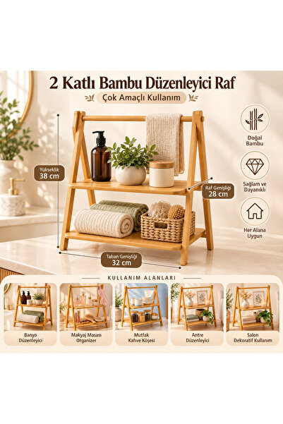 Genel Markalar 2 Katlı Bambu Organizer Raf – Mutfak, Banyo, Yatak Odası ve De...