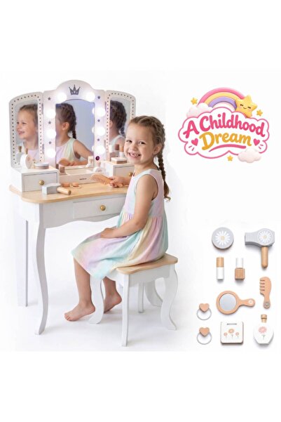 A Childhood Dream تسريحة اطفال خشبية بثلاث مرايات و كرسي وإضاءة LED
