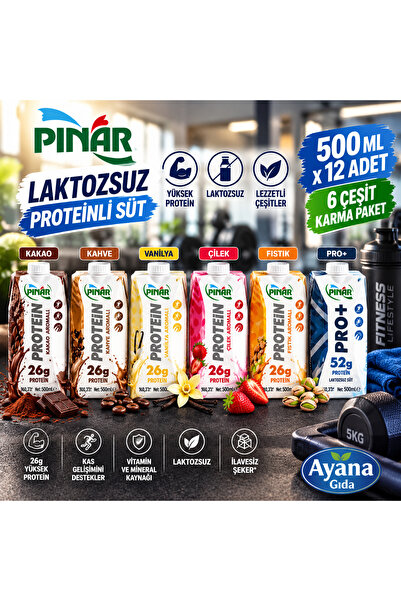 Pınar Laktozsuz Proteinli Süt 500ml x 12 adet 6 Cesit Karma Paket