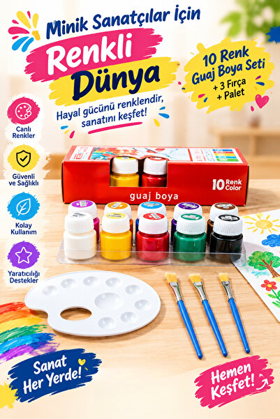 NEON PLUS Guaj Boya 10x20ml, Palet, 3 Adet Fırça