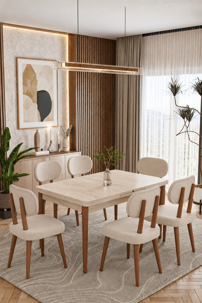 UZMHOME 80 x 130 Açılabilir Traverten Mutfak Masa Takımı Yemek Odası Takımı S...