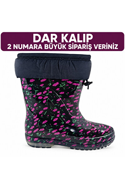 fafatara Mor Çiçek Desenli Kadın Yünlü Su Geçirmez Kar ve Yağmur Çizmesi