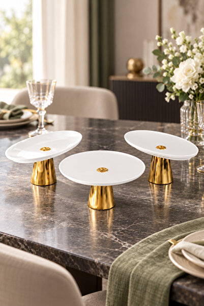MAY HOME 3'Lü Porselen Gold Ayaklı Tabak Kayık Seti & Salata Kek Kurabiye Sun...