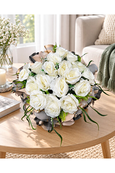 Generic Brand Buchet Artificial Premium cu Trandafiri Albi și Verdeață, 40 cm