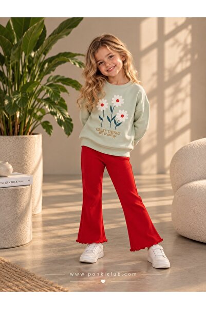 Çiçekli Kız Çocuk Sweatshirt Pantolon Takım