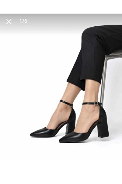 nuvilo Black Skin 8.5 cm Belt Strap Pointed Toe Stiletto Thick Heel Women's S...