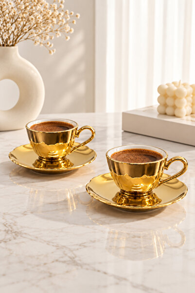 YzHome 2 Li Porselen Platin Kaplama Lüks Kahve Fincan Takımı Seti 100ml