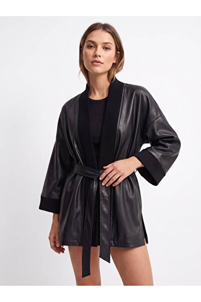 Tierra Store Suni Deri Triko Detaylı Kuşaklı Yırtmaçlı Kadın Siyah Kimono Ceket