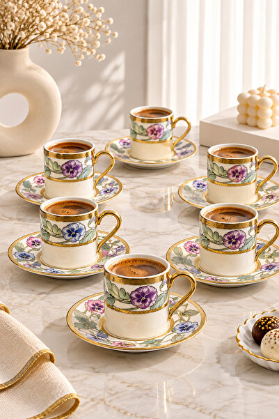 YzHome Acar 6-Person Luxury Porcelain Gold Gilded Patterned Coffee Cup Set 100ml