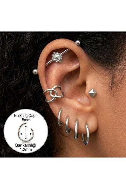 Heppii 8 mm Silver Renk Cerrahi Çelik Düz Halka Tragus Piercing Helix Kıkırda...