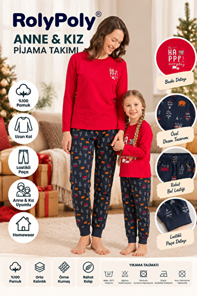 Rolypoly Be Happy Everyday Anne Kız Kırmızı Uzun Kol Pijama Takım