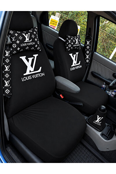 SİYAH LV DESENLİ KUPON SÜPER SET DÖRTLÜ SERVİS KILIFI + İKİLİ YASTIK VE KEMER KILIFI +VİTES POLARI