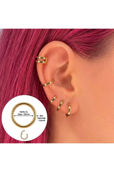 Heppii 12 mm Gold Cerrahi Çelik Düz Halka Helix Piercing Lob Kıkırdak Rook Da...