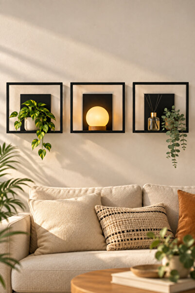 VENON 3 Adet Siyah 20 x 20 METAL Dekoratif Kare Metal Raf – Duvar Tipi Modern...