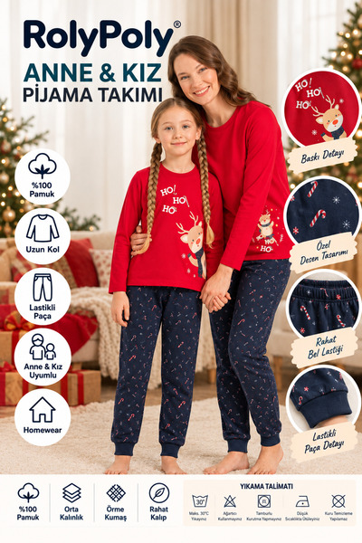 Rolypoly Ho Ho Ho Deer Anne Kız Kırmızı Uzun Kol Pijama Takım RP3934-A-V1