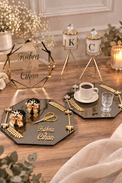 Masalsı Concept Söz Tepsisi Nişan Yüzük Tepsisi Damat Kahvesi2 adet mum pleks...