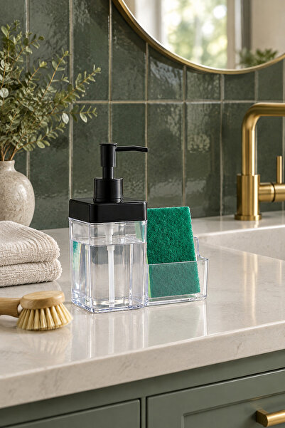 MAKRİ HOME 2 Hazneli Mutfak Sıvı Sabunluk- Süngerlikli 350 ml 350 ml SİYAH