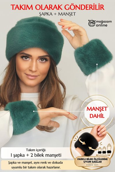 Mağazam Online Premium British Royal Style Kalpak Hat Women's Winter Beanie Plush Faux Fur - Mink Emerald Green