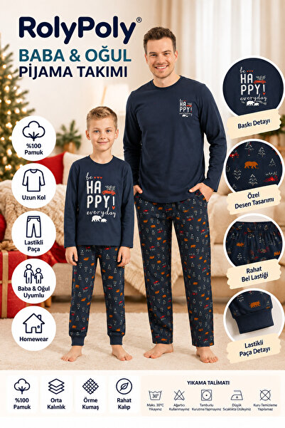 Rolypoly Baba Oğul Lacivert Pamuklu Pijama Takımı, Be Happy Everyday