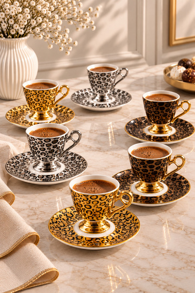 YzHome Acar Lüks 6 Kişilik Porselen Leopar Desenli Kahve Fincan Takımı Seti 1...