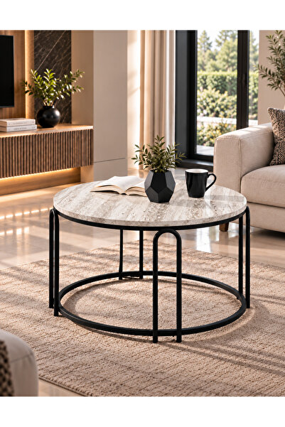 SEDAŞ LIVING UNITS Lenka Traverten Ahşap Orta Sehpa Yuvarlak Siyah Metal - se...