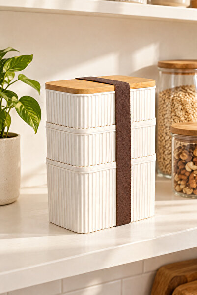 MAKRİ HOME 3'lü Bambu Kapaklı Saklama Kabı Seti – 1L + 0,5L + 0,5L, Üst Üste ...