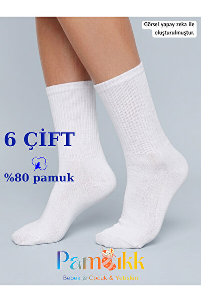 PAMBIK AYAKLAR 6 Çift Beyaz Fitilli Spor Çorap - Unısex Tenis Çorabı