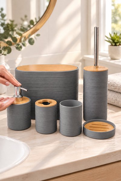 MAKRİ HOME 6 Piece Gray Bathroom Set, Bamboo Detail, 8L Trash Can 24X26X16 cm